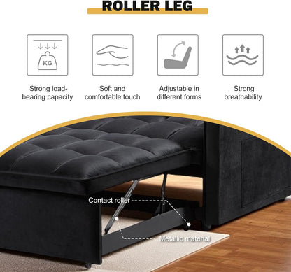 3 in 1 Sleeper Sofa Bed, Futon Sofa Bed for Living Room with Side Pocket, Black Sleepers Sofas Couch with Pullout Beds, Convertible Love Seat Sleepers Couch for Living Room, Bedroom,