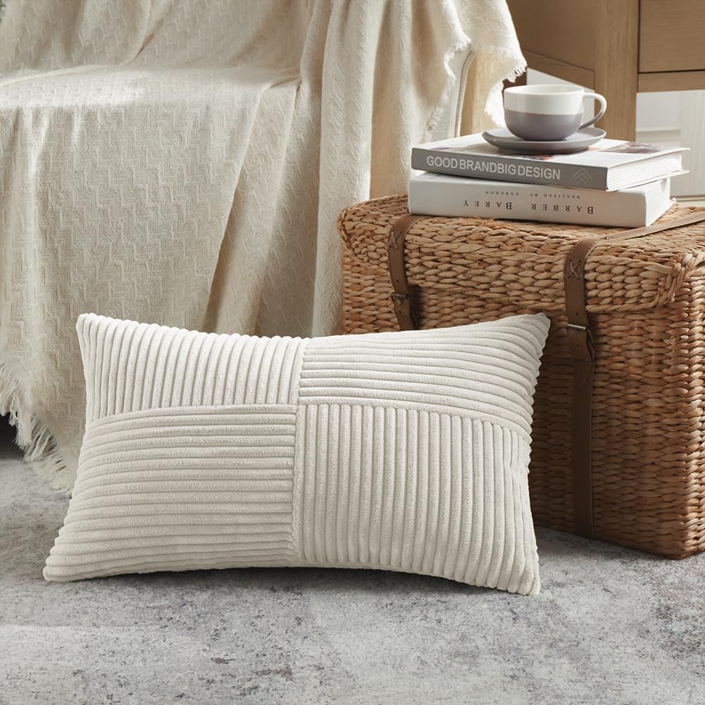 Fancy Homi 2 Packs Cream Lumbar Decorative Throw Pillow Covers 16x28 Inch for Living Room Couch Bed Sofa, Rustic Farmhouse Boho Home Decor, Soft Striped Corduroy Rectangle Accent Cushion Case 40x70 cm