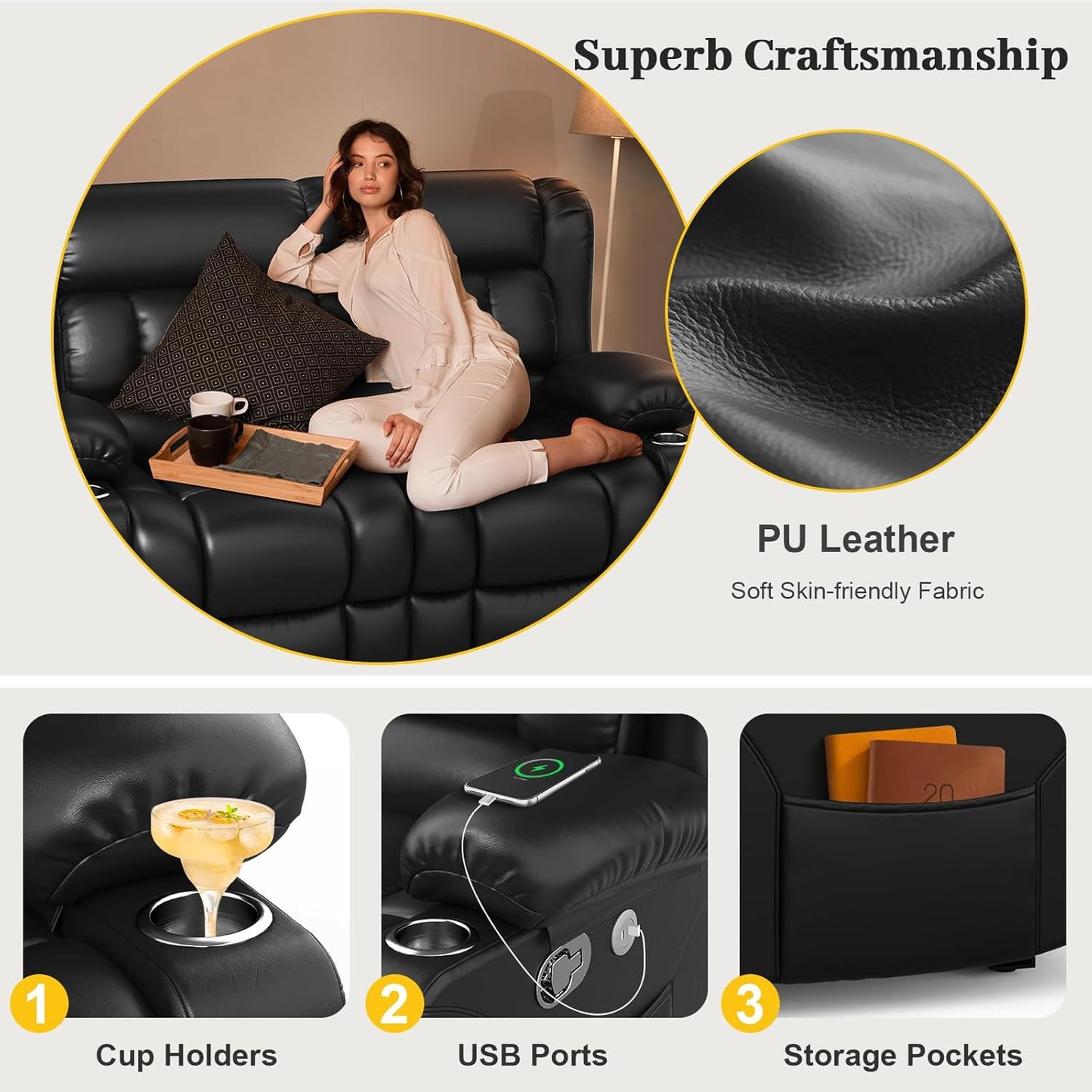 Loveseat Recliner Sofa Set with 2+1+1 Pieces, 2 Seater Minimalist Style Manual Pull Tab Reclining Loveseat with USB Charge Ports, Cup Holders, Recliner Couches for Living Room, RV, Black