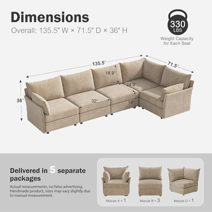 135.5" Oversized Modular Sectional Sofa, L Shaped Convertible Couch with Movable Ottoman, 5 Seat Corner Couches for Living Room Deep Seat Beige Chenille