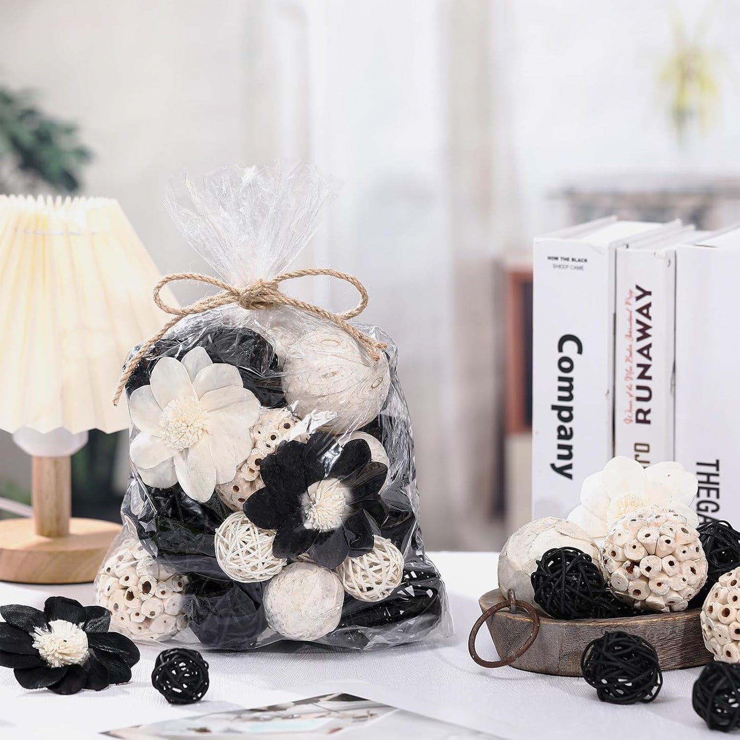 Riceshoot 2 Pack Decorative Balls Potpourri Bowl Filler Decor Natural Vase Bowl Filler Assorted Spherical Rattan Twigs Wicker Balls Cotton for Home Centerpiece(Black)