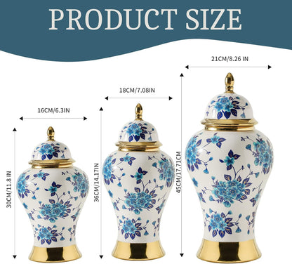 Ginger Jars for Home Decor, White and Gold Vase, Porcelain Ginger Jar Chinoiserie Blue and White Vase with Gold Trim and Floral Pattern, Ceramic Flower Vase for Home, Temple and Storage Jars(12in)