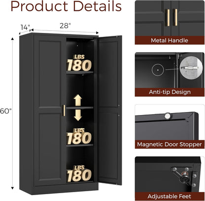 60" Tall Metal Pantry Cabinet, Black Kitchen Pantry Storage Cabinet with Doors and 3 Adjustable Shelves, Cupboard for Kitchen, Dining Room, Living Room, Bathroom