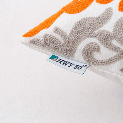 HWY 50 Orange Fall Decorative Throw Pillow Covers 18x18 Inch (1 Piece), Embroidered Cotton Farmhouse Cushion Cover Pillow Case for Sofa Couch Living Room Bed Bedroon, Floral Geometric