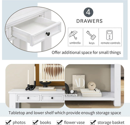 White Console Table,Solid Wood Sofa Table with 4 Drawers Hallway Table for Storage Entry Foyer Behind Couch Table,Fully Assembled (63" White)