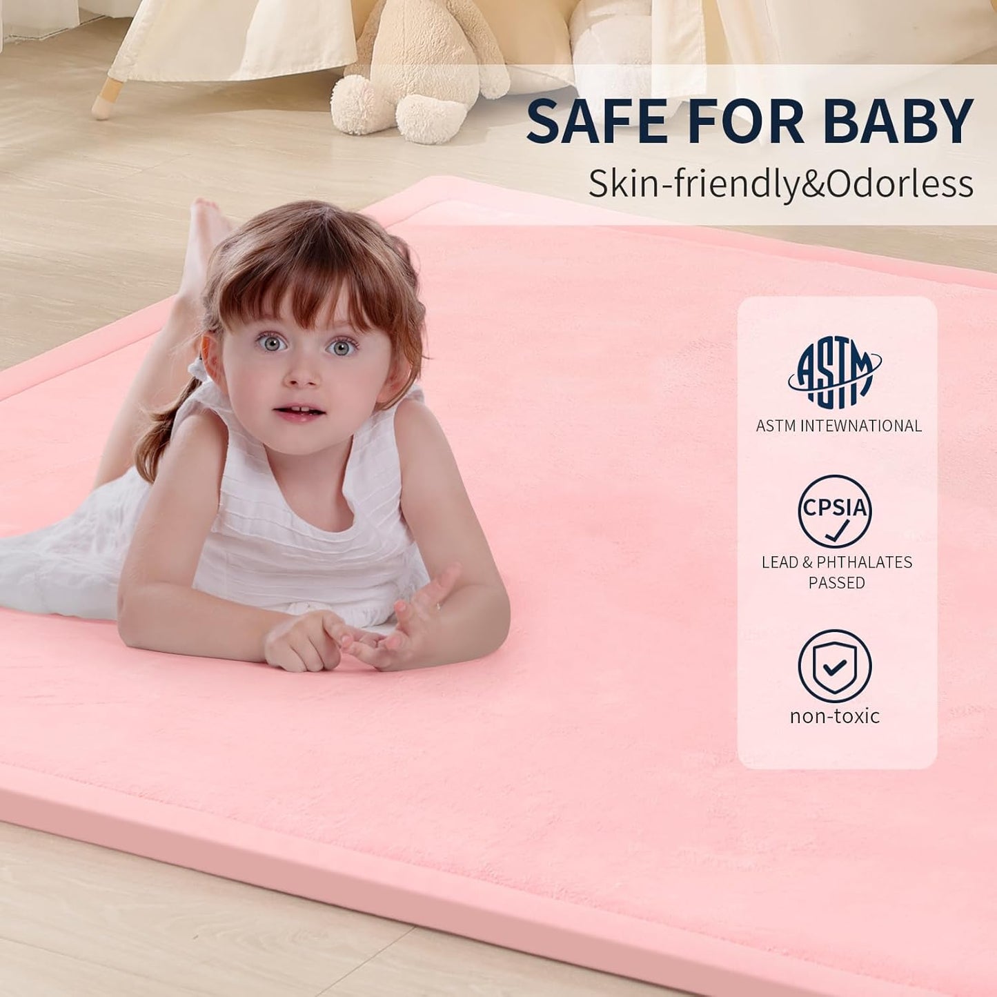 ACOMOPACK Baby Play Mat for Floor 1.3" Thick Memory Foam Play Mat 59"×71" Tummy Time Crawling with Non-Slip Bottom for Living Room,Nursery,Soft Velvet Playpen Mats for Kids,Infants（Pink）