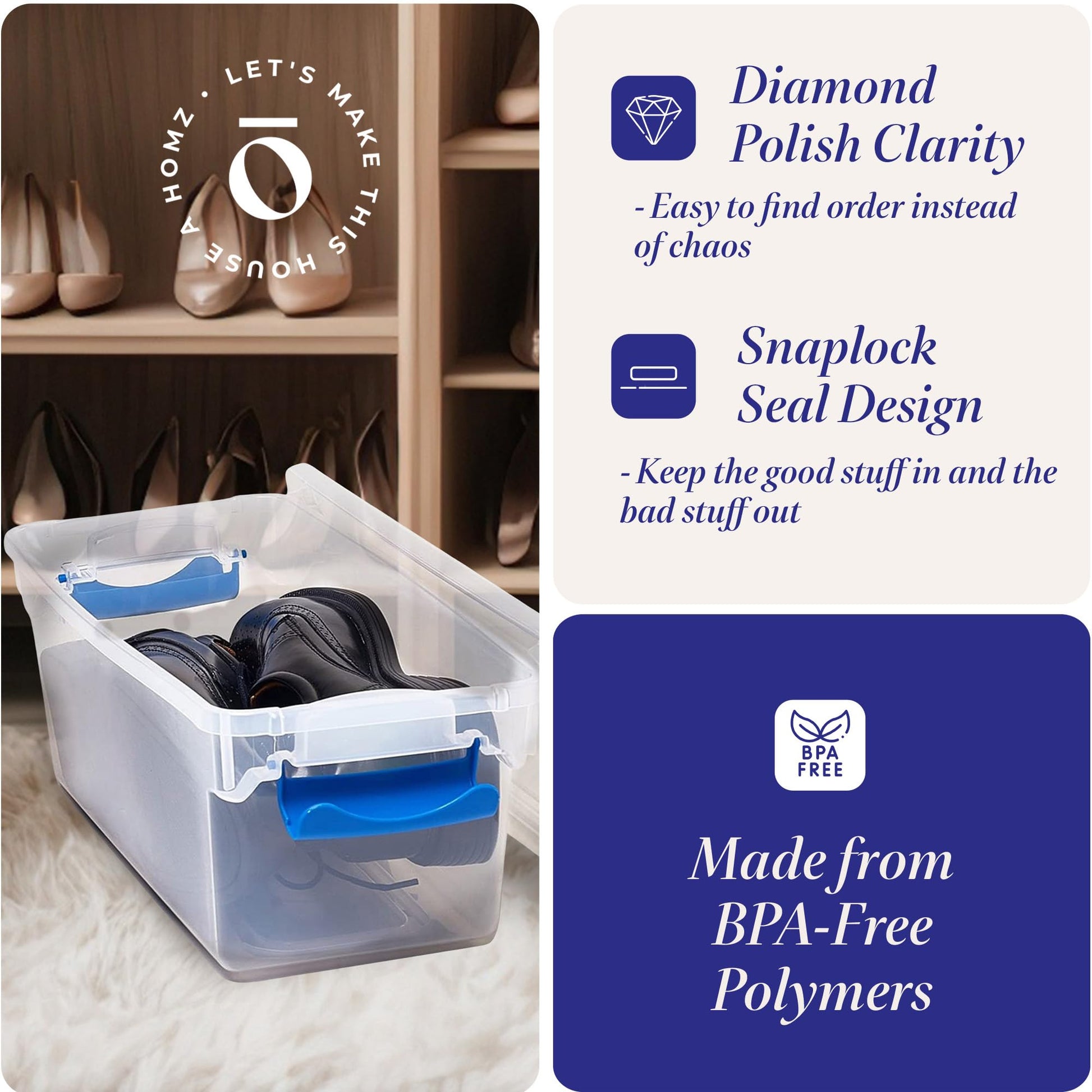 HOMZ Clear Plastic Storage Bins w/Latching Lid, 7.5 Qt, Blue, 5 Pack