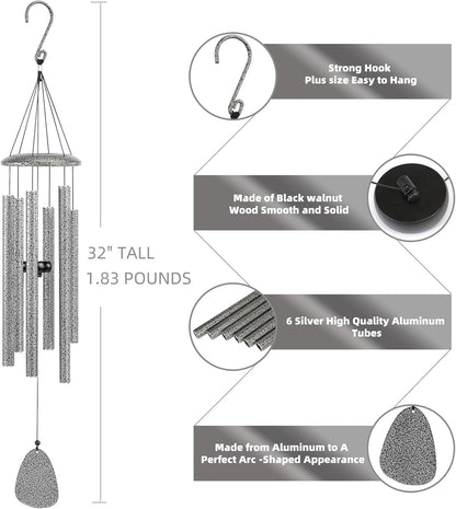 Wind-Chimes-Outdoor-Deep-Tone, Large Soothing Melodic Tones Windchimes, Wind Chimes for Outside, Memorial Wind Chimes Best Gift for Mom Women Grandma Neighbors(32" Silver Coated Aluminum)