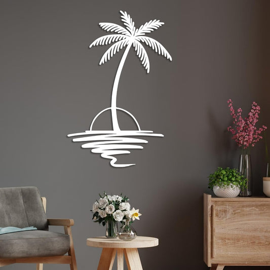 Metal Palm Tree with Sunset Wall Art, Large Outdoor Wall Decor, Tropical Beach Coastal Decor for Living Room, Bedroom, Garden Home Wall Sign, Perfect Metal Wall Art for Beach House, Coastal Theme, and Home Decoration (White, 40 x 33 inches)