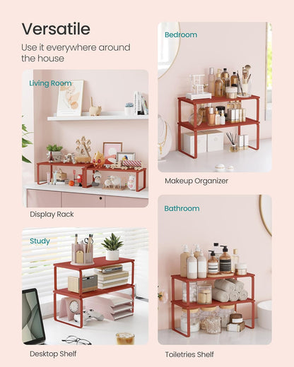 SONGMICS Cabinet Organizer Shelf, Set of 2 Kitchen Counter Shelves, Kitchen Storage, Spice Rack, Stackable, Expandable, Metal and Engineered Wood, Mandarin Red UKCS200Y02