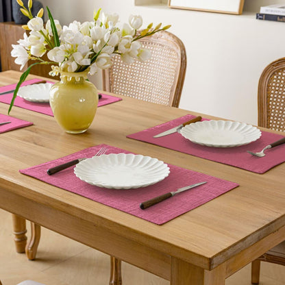 Placemats Set of 6, Bilayer Thickened Linen Place Mats Heat Resistant Machine Washable Wrinkle Free Carefully Selected Polyester Mats for Kitchen/Dining/Coffee Table (Pink)