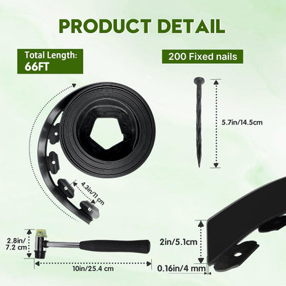 No Dig Landscape Edging 2" x 66FT Kit, Plastic Edging for Landscaping with 200 Spikes, for Garden, Lawn, Flower Beds and Yard, Black