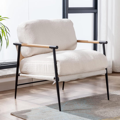 Mid-Century Accent Chair, Soft Armchair Sherpa Fabric Lounge Chair with Black Metal Legs, Upholstered Leisure Chair for Living Room Bedroom Reception Room, 1PC, White
