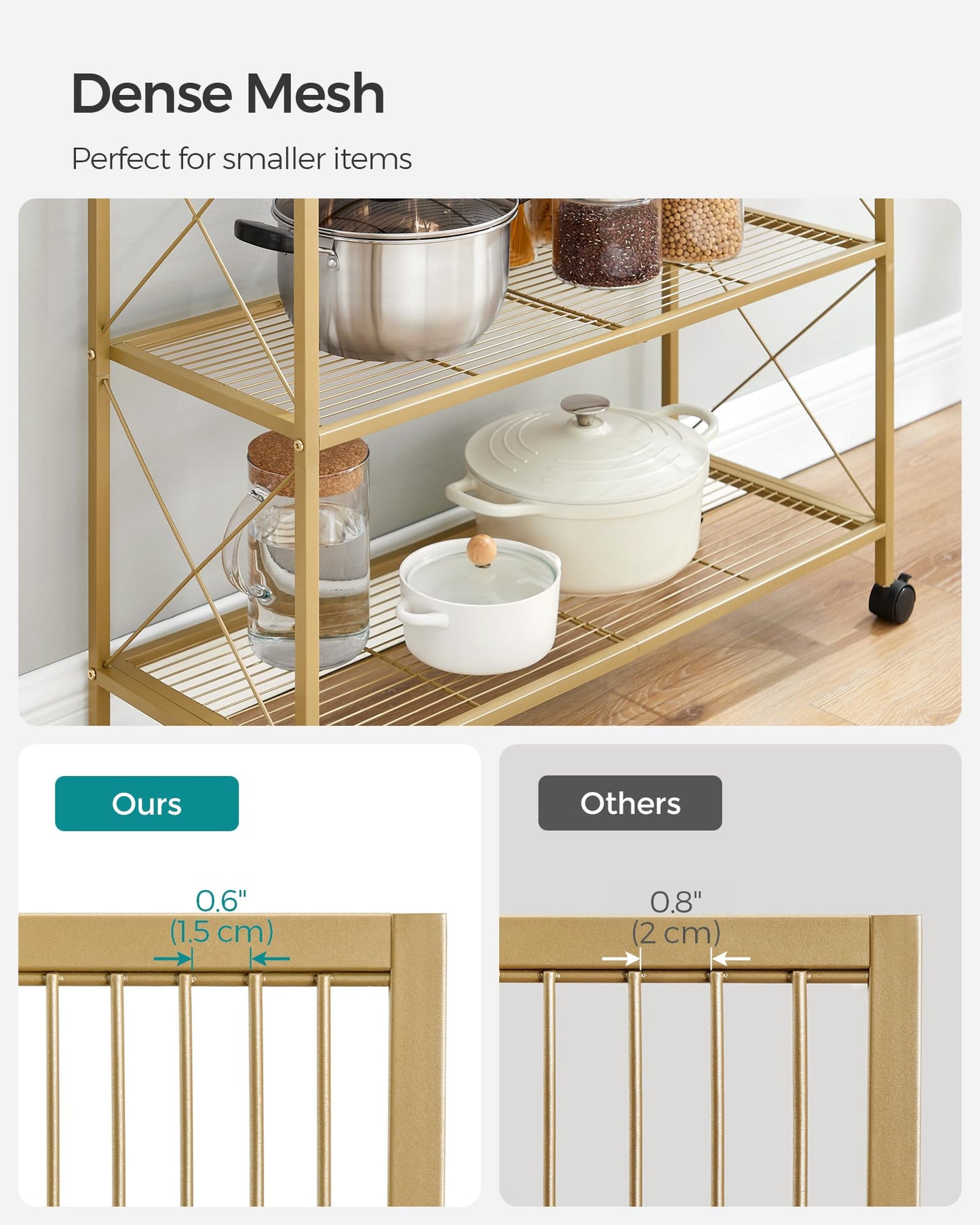 SONGMICS 3-Tier Metal Storage Rack with Wheels, Mesh Shelving Unit with X Side Frames, 31.5-Inch