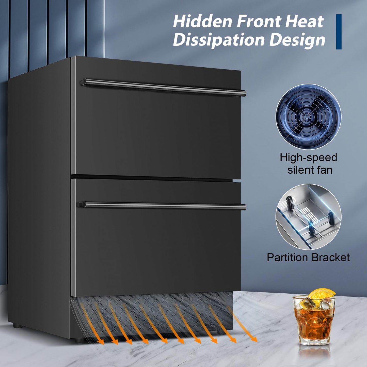 Tylza Under Counter Drawer Fridge 24 Inch, Built-in/Freestanding Beverage Refrigerator for Home and Commercial Use, Stainless Steel Material, Fast Cooling, Low Noise, Black