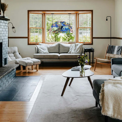 Bieye W10093 Peacock in Garden Tiffany Style Stained Glass Window Panel for Home Decor (Blue, 24Wx12H Half-Round)