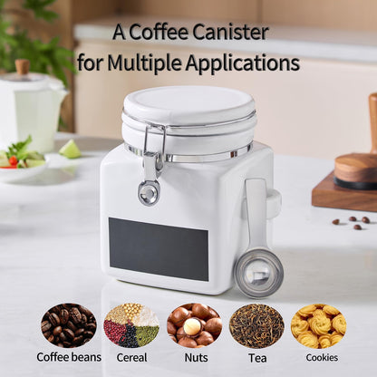 Ceramic Coffee Canister with Airtight Lid and Scoop, Large 74 Fl Oz / 2.2 L Kitchen Food Storage Container Jar for Grounds Coffee, Beans, Tea, Sugar, Flour, Cereal, Nuts, Cookie, White