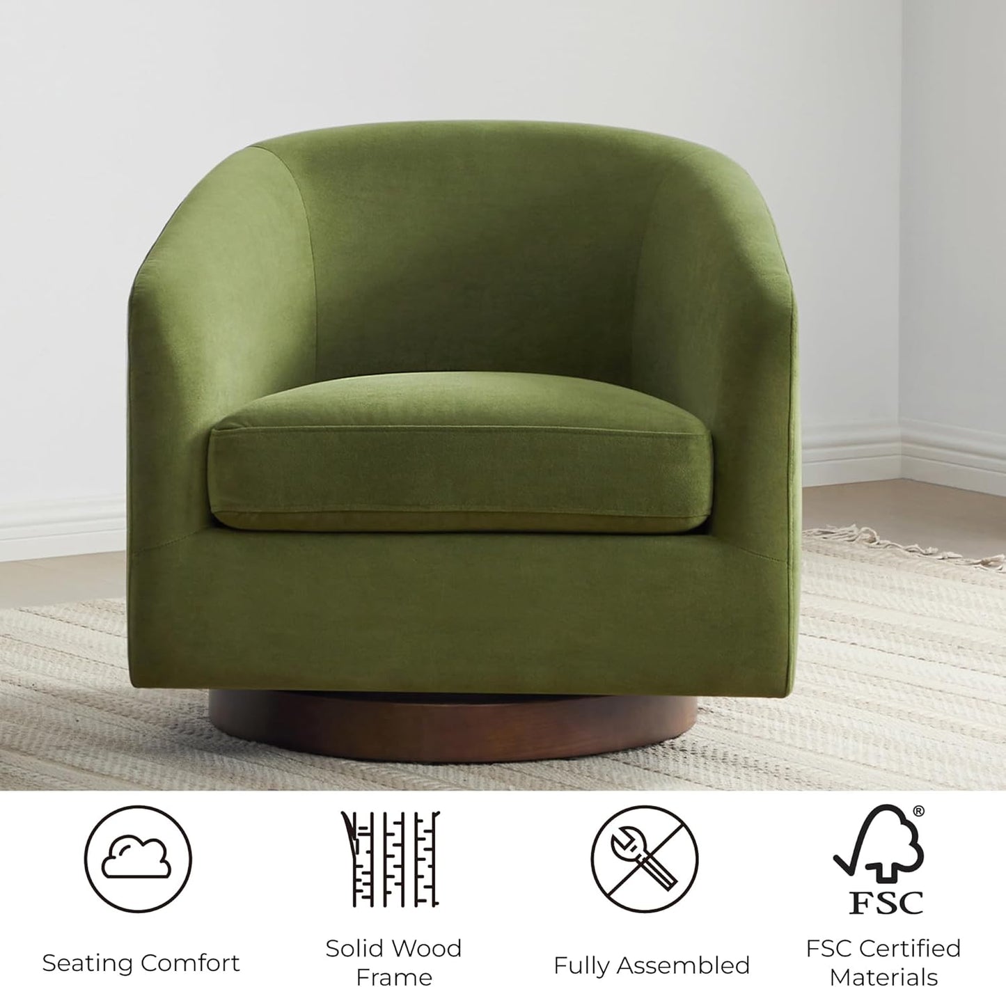 CHITA Swivel Accent Chair, FSC Certified Upholstered Velvet Barrel Chair for Living Room, Fully Assembled, Forest Green
