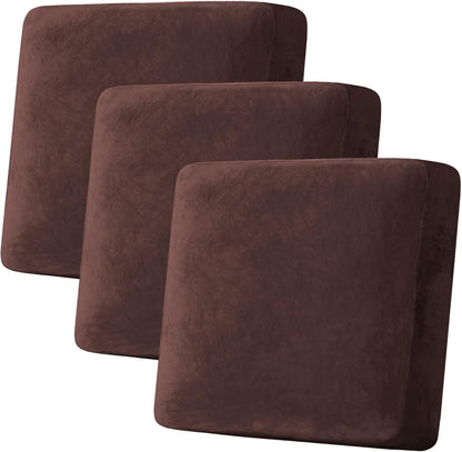 H.VERSAILTEX Velvet Stretch Couch Cushion Cover Plush Cushion Slipcover for Chair Loveseat Sofa Cushion Furniture Protector Seat Cushion Sofa Cover (3 Piece XL Sofa Cushion Covers, Brown)