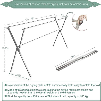 Clothes Drying Racks Outdoor, 82 Inches Updated Version,Stainless Steel Laundry Drying Rack for Indoor Outdoor and The Balcony,Length Adjustable Saves Space,with Windproof Hooks(002)