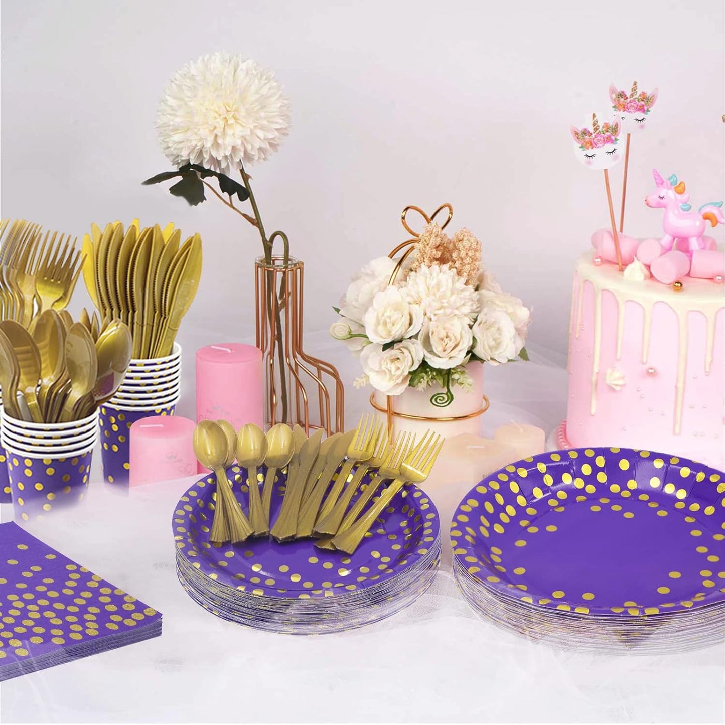 AIRE 175PCS Purple Gold Paper Plates Party Supplies for 25 Guests Party Decorations Disposable Dinnerware Paper Plates Cups Napkins Gold Plastic Forks Knives Spoons for Birthday Baby Shower Wedding