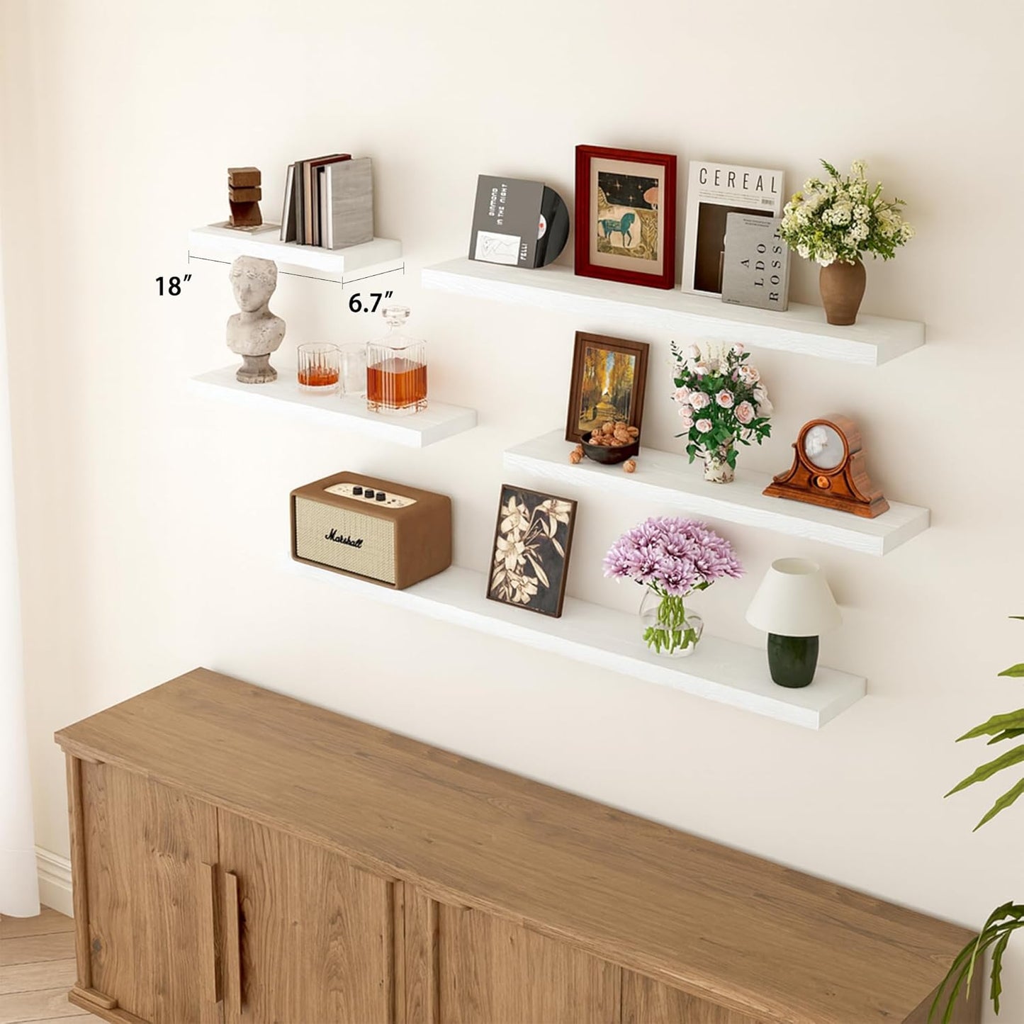 BGMG Wood Floating Shelves 18 inch,White Floating Shelves for Wall,Solid Wood Wall Shelves for Bathroom Living Room Bedroom Kitchen Farmhouse Set of 2-18x 6.7 x1.25 inch