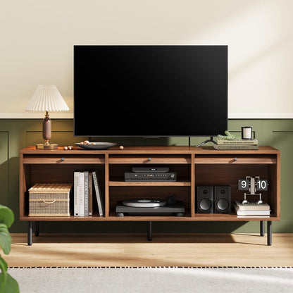 59 Inch TV Stand with Power Outlet for TVs up to 65 Inch, Entertainment Center with Storage, Mid-Century Modern TV Console, Adjustable Shelf & Sliding Doors, TV Stand for Living Room, Bedroom, Walnut
