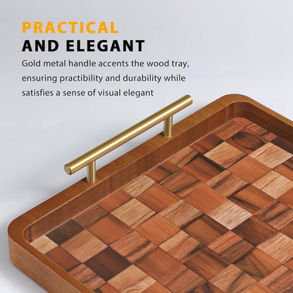 Wooden Serving Tray with Handles Mat, Decorative Coffee Table Trays, Wood Ottoman Tray for Serving Food Drink Breakfast Dinner,1 Pcs