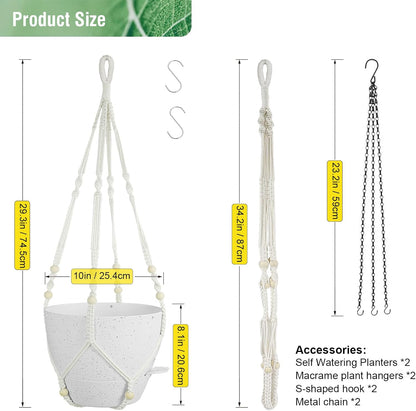 10 inch Self Watering Hanging Planters, 2 Pack Hanging Baskets for Indoor Outdoor Plants, Hanging Flower Pots with Drainage Holes and 2 Kinds of Plant Hangers for Garden Decor, Speckled White