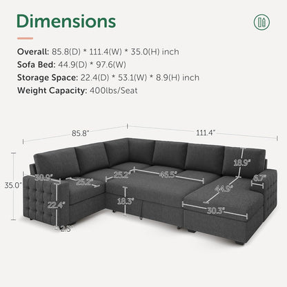 HONBAY Sectional Couch with Pull Out Bed, U-Shaped Sectional Sleeper Sofa with Storage, 6 Seater Sectional Sofa Bed, Mid-Grey