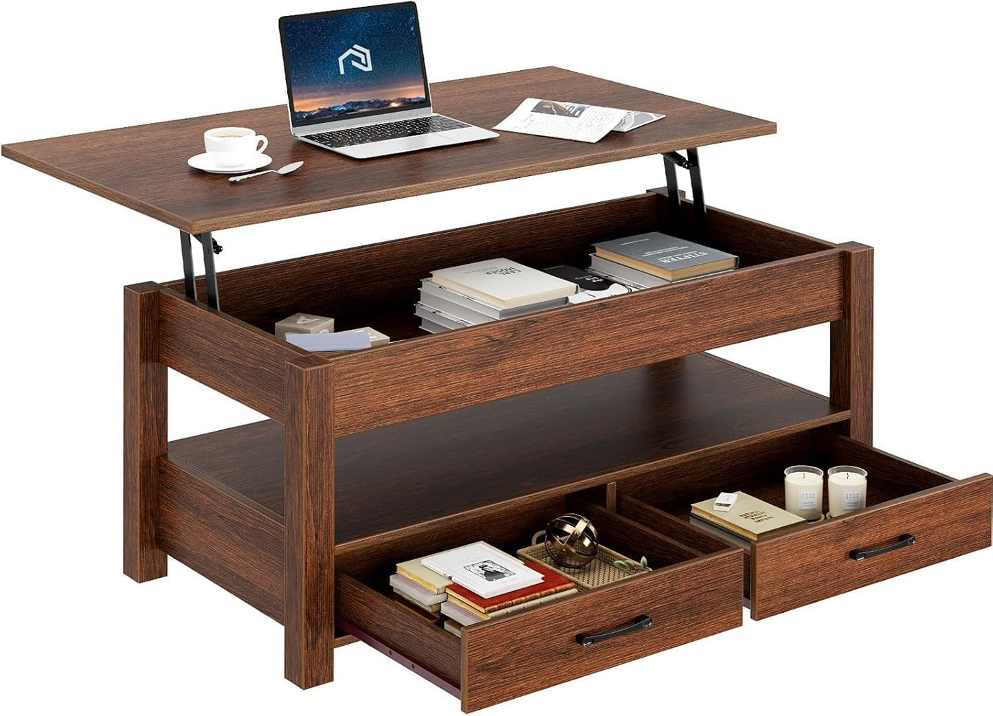 Rolanstar Coffee Table, Lift Top Coffee Table with Drawers and Hidden Compartment, Retro Central Table with Wooden Lift Tabletop, for Living Room,Espresso