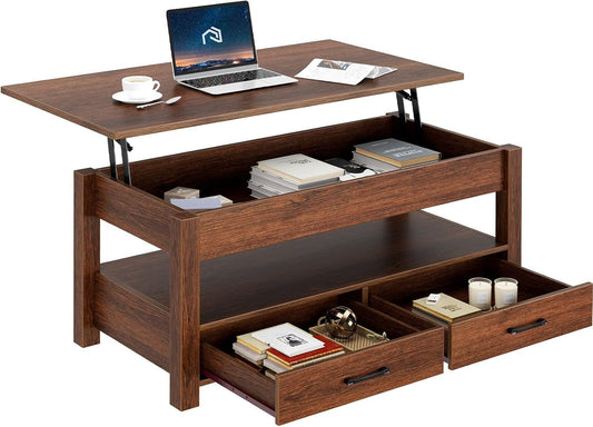 Rolanstar Coffee Table, Lift Top Coffee Table with Drawers and Hidden Compartment, Retro Central