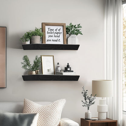 16"x6.8"x1.6" Slanted Floating Wall Shelves 2-Pack - Rustic Black Finish, Heavy-Duty Solid Wood Design with Hidden Brackets - Perfect for Living Room, Kitchen, Bathroom, or Office