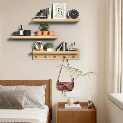 MBYD Natural Wood Floating Shelves, Unfinished Wood Picture Ledge, 24 Inch Picture Ledge for Kids Room, Floating Nursery Book Shelf with Hooks for Living Room, Kitchen, Bathroom