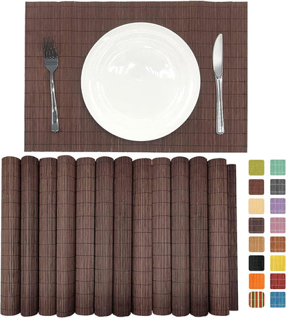 ANDSTAR Set of 12 Pcs Bamboo Placemats Natural Anti-Slip Bamboo Placemats Washable Heat-Resistant Table Mats for Dining Room and Kitchen(Chocolate)