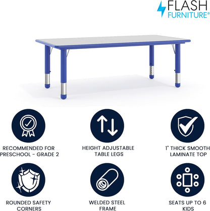 Flash Furniture Wren Adjustable Classroom Activity Table for School and Home, Plastic Activity Table for Kids, 23.625" W x 47.25" L, Gray/Blue