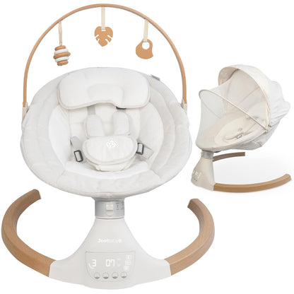 Jool Baby Nova Swing for Newborns - Electric Motorized Infant Swing, Bluetooth Music, 10 Preset Melodies, Remote (2025 Model) (Wood/Oatmeal)