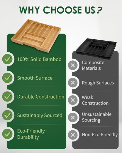 Premium Bamboo Expandable Drawer Organizer, 7-9 Slots Adjustable Kitchen Drawer Organizer for Large Cooking Utensils Cutlery, Kitchen Drawer Organization