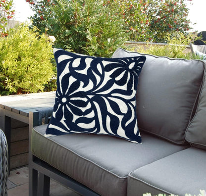 Alysheer Farmhouse Floral Leaves Embroidered Decorative Throw Pillow Cover 18x18 inches, Boho Tufted Flowers Embroidery Pattern Chic Cotton Cushion Case for Couch Bed Sofa Living Room(Navy Blue)