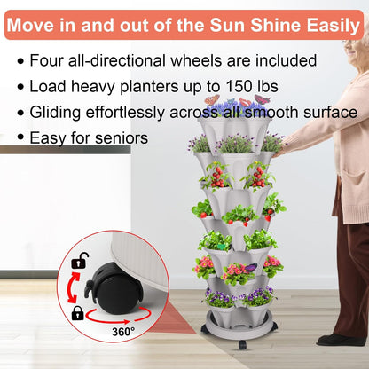 DUNCHATY Stackable Planter, Vertical Strawberry Planter with Garen Tool Set, Self Watering Garden Planter Indoor/Outdoor 7 Tier Herb Planter Pots for Growing Vegetables and Succulents, Gray