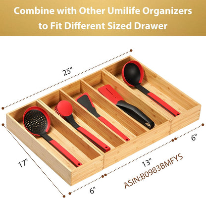 Umilife Bamboo Kitchen Utensils Organizer, Extra Long High Silverware Drawer Holder, Flatware Cutlery Storage Box, Multi-Use Drawer Divider in Office, Bathroom, Pantry - 17"x6"x2.5" (Set of 2)