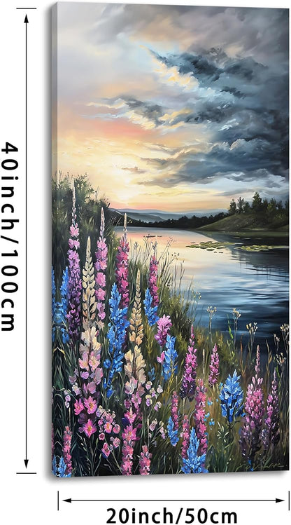 LASMOND Beautiful Colorful Grassland by Riverbank Landscape Wall Art Decor Artwork for Bedroom (20x40 Inches)
