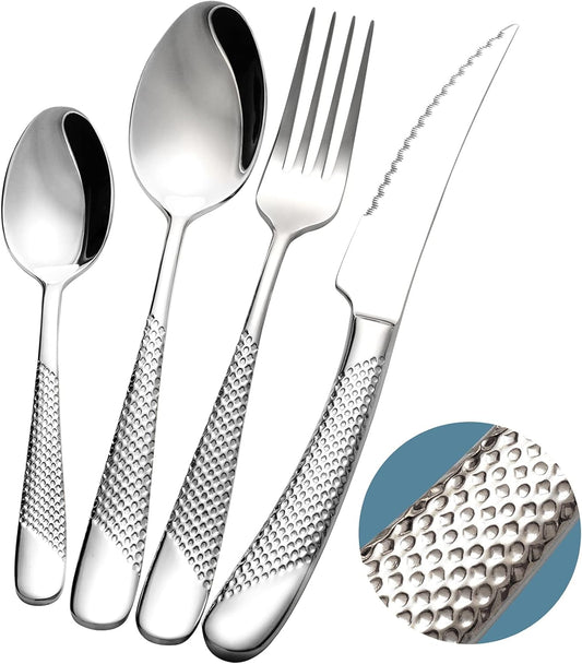 16-Piece Modern Hammered Cutlery Set with Ultra Sharp 2-in-1 Serrated Knife, 18/10 Stainless Steel Silverware Flatware Set Service for 4, Tableware Utensil, Forks Spoons Knives Set