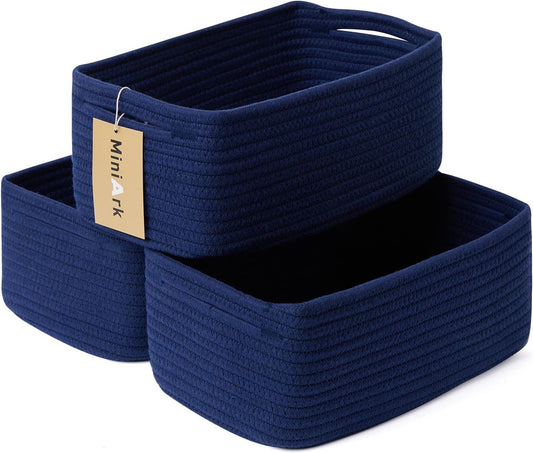 Small Storage Baskets for Organizing | Closet Organizer Bins | Shelf Toy Basket | Woven Rope Baskets | Cube Decorative Box | Shallow Basket | 13x8.5x5.1” | 3 Packs Navy Blue