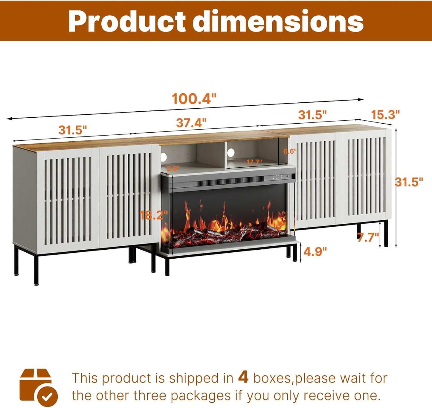 3-Sided Glass Farmhouse Fireplace TV Stand for TVs Up to 100 Inch, Entertainment Center with 36" Electric Fireplace, TV Console with Storage Cabinets for Living Room, Antique White