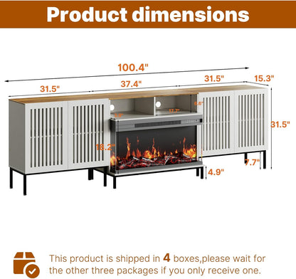 3-Sided Glass Farmhouse Fireplace TV Stand for TVs Up to 100 Inch, Entertainment Center with 36" Electric Fireplace, TV Console with Storage Cabinets for Living Room, Antique White