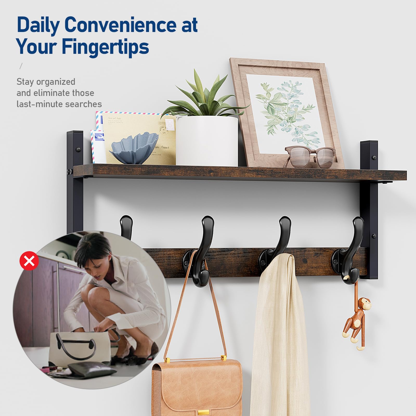 Tatub 20" Rustic Coat Rack Wall Mount with Shelf, Wall Hooks with Shelf, Heavy Duty Entryway