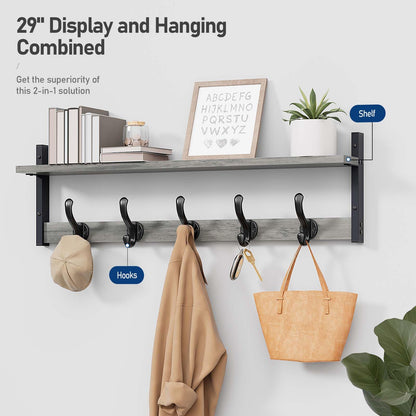 Tatub 29" Rustic Coat Rack Wall Mount with Shelf, Heavy Duty Wall Hooks with Shelf, Entryway Rustic