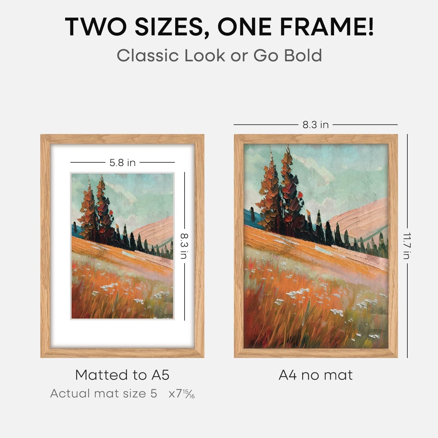 Homeforia A4 Picture Frame Wood, High-End Natural Oak 8.3 x 11.7 Wooden Poster Frames Matted to 5.8 by 8.3 inch Photo, A4 Size Light Wooden Frames with Mat A5 Print, Tempered Glass, Wall Kit, Set of 1