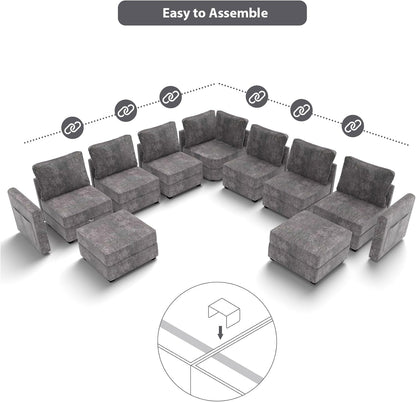 mestyl Modular Sectional Sofa Convertible Sofa Couch Set with Storage for Living Room, Modern 7 Seater Modular Sectional Couch with 2 Movable Ottoman (Grey)